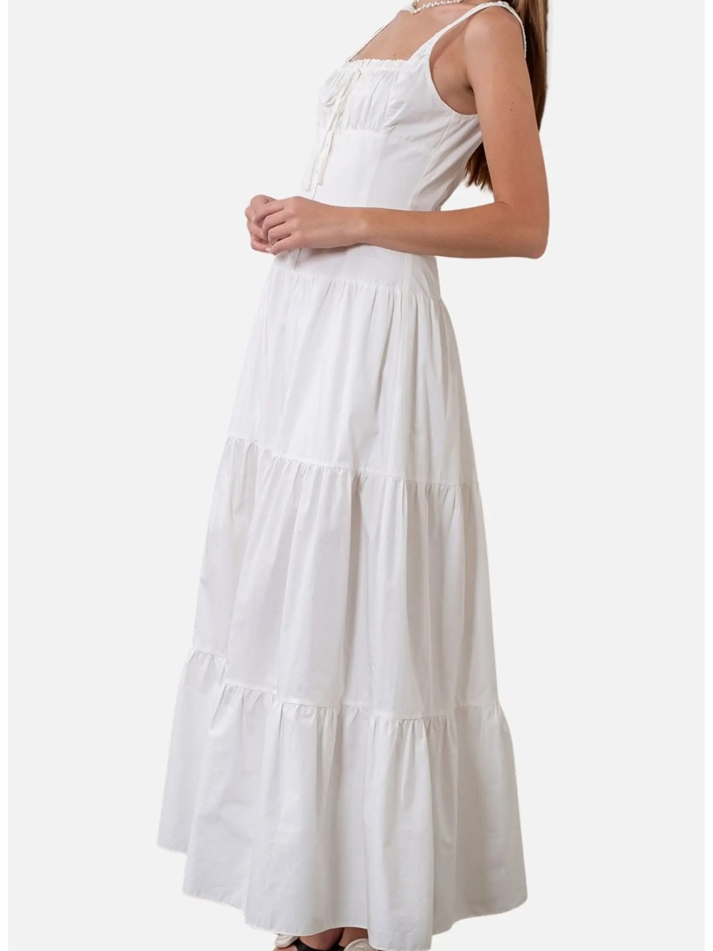 Moon River White Tiered Maxi Dress with Square Neckline